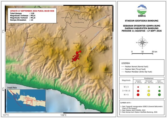 Peta rangkaian gempa Kabupaten Bandung dan sekitarnya dalam rilis BMKG 17 September 2026